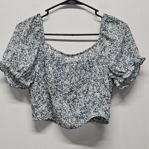 Womens Crop Top Puff Sleeves Micro Floral Smocked Back Small Dainty Boho